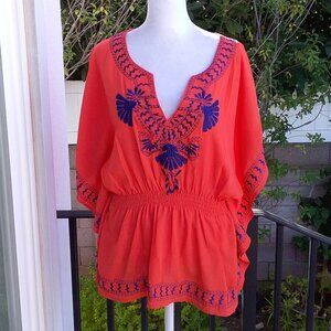 Moon Drops Women's Top Size Med Bohemian Orange Blue embroidered elastic waist
